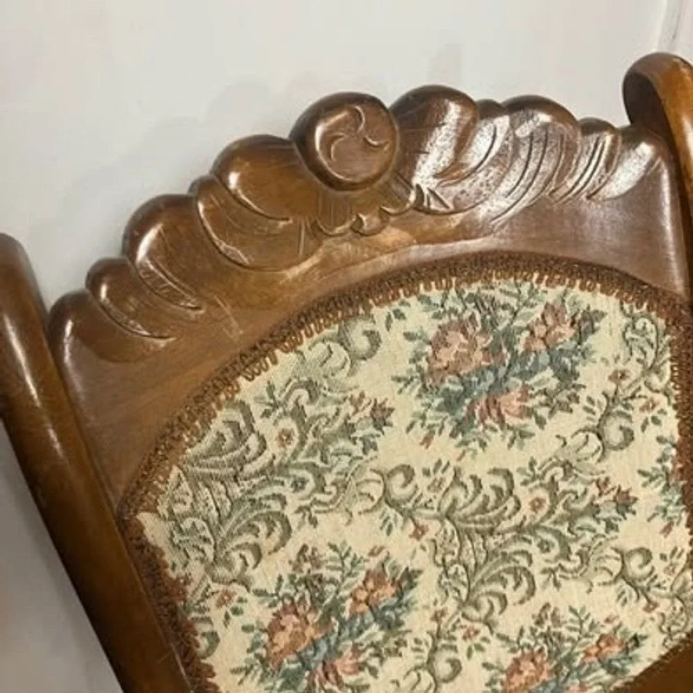 Vintage Folding Rocking Chair Wood Carved Floral Tapestry Upholstered Portable